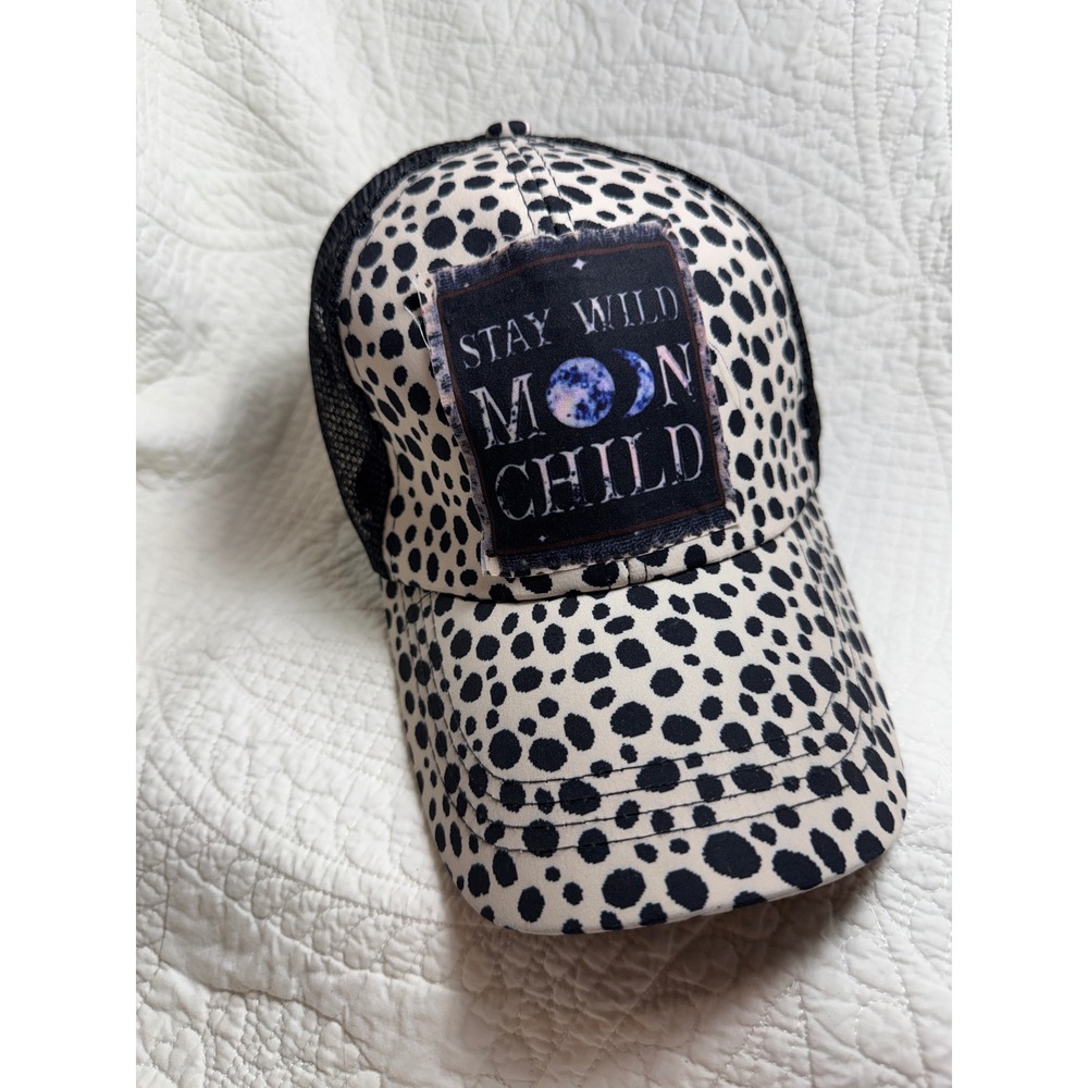 Stay Wild Moon Child Dalmatian Print Ponytail Trucker Hat Black White Mesh Cap